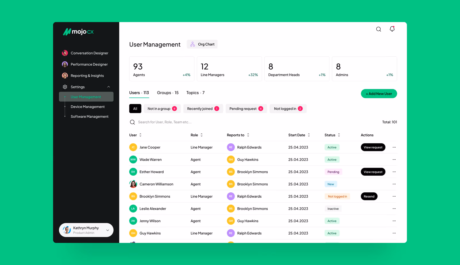 MOJO CX platform screens