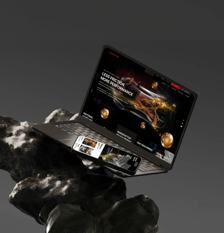 Industrial manufacturing site on a laptop and phone, showing a lubricant product hero and capability tiles
