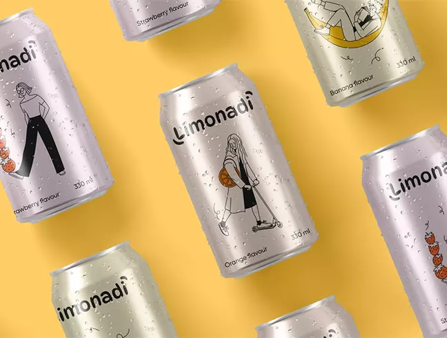 Silver soda cans carrying a script wordmark and playful line illustrations on a yellow backdrop