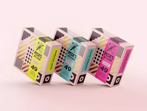 Colourful patterned retail boxes with a bird crest and bold numbering