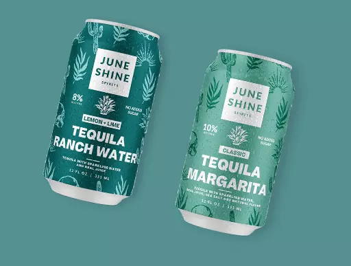 Two illustrated hard-seltzer cans with botanical linework on teal
