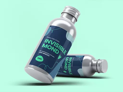 Aluminium cosmetic bottles with teal fluid-pattern labels on mint