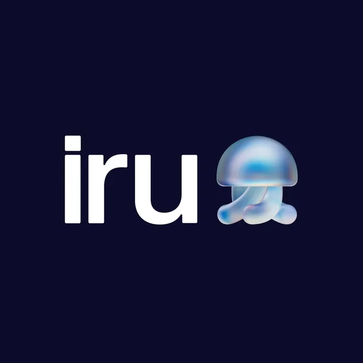 Lowercase iru wordmark beside a translucent 3D jellyfish mark on deep navy