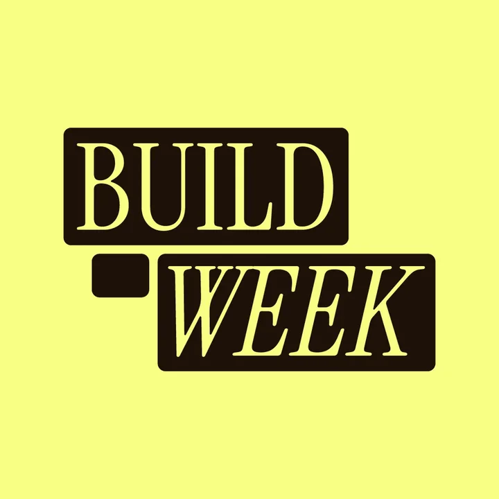 Stacked Build Week badge lockup in dark brown on bright yellow